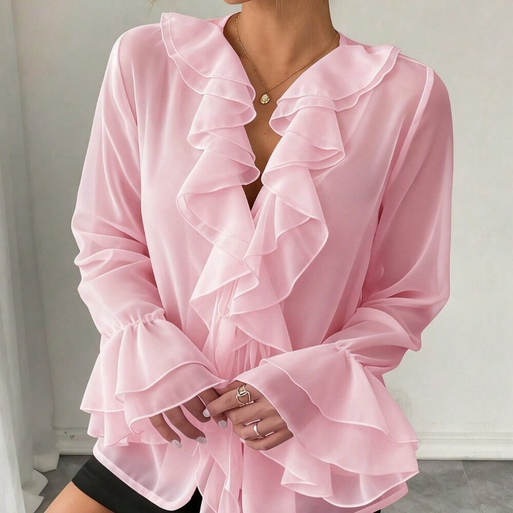 Pink Casual Women's French Elegant Chiffon Lantern Sleeve V Neck Blouse - Picture 3 of 6